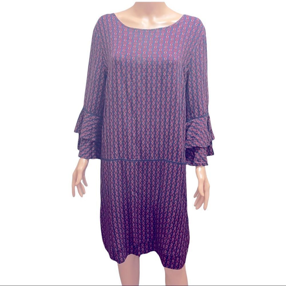 Emberly Red & Blue Print Layered Bell Sleeves Shift Dress Size L